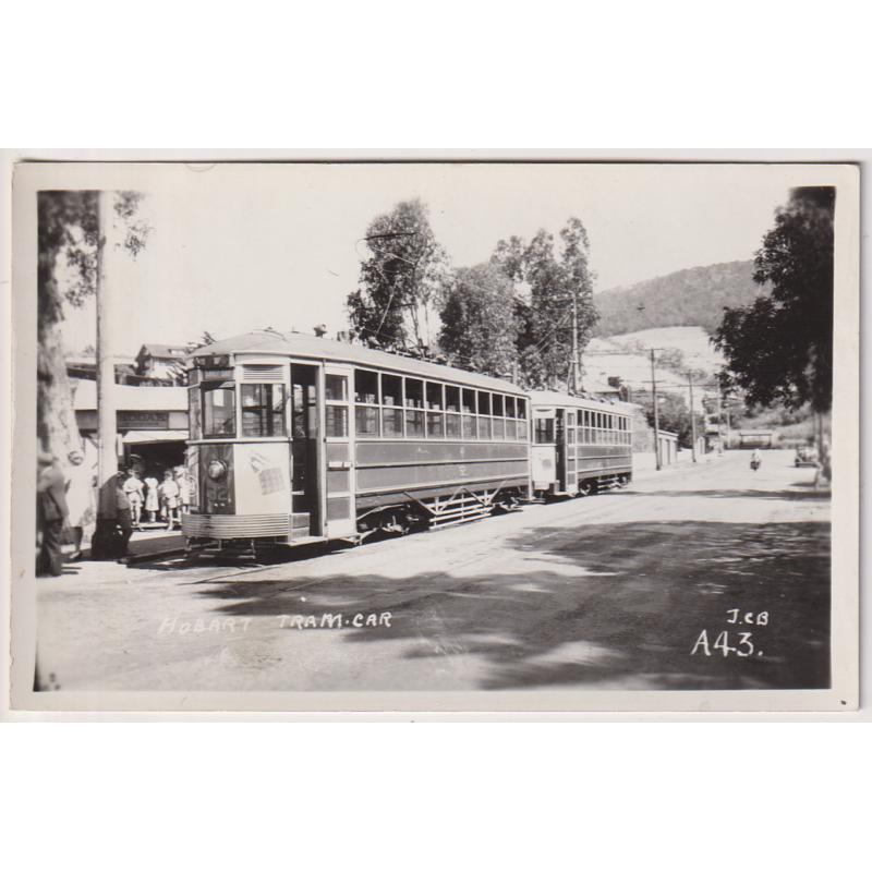(WW1527) TASMANIA  · 1940s: real photo card by J.C. Breaden titled HOBART TRAM CAR (at Sandy Bay) · some light photo-chemical staining on back but fine appearance from the business side