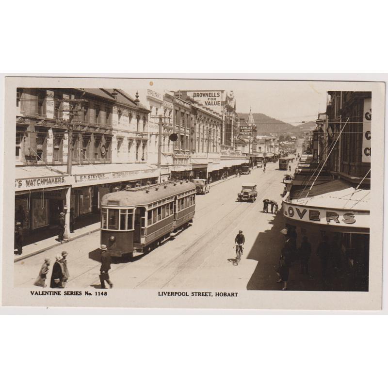 (WW1535) TASMANIA  · 1930s: unused real photo card by Valentine (No.1148) with a view of trams in LIVERPOOL STREET HOBART · excellent to fine condition · a scarce card in my experience