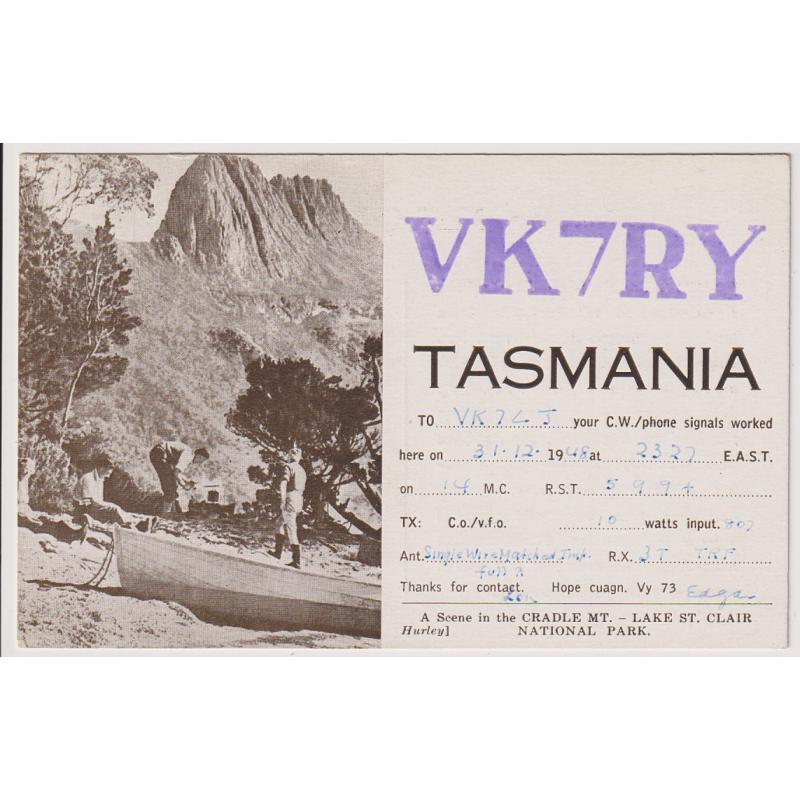(WW1538) TASMANIA  · 1948: used QSL card with postcard back with a Frank Hurley view of CRADLE MOUNTAIN · has been forwarded "under cover" · fine condition (2 images)