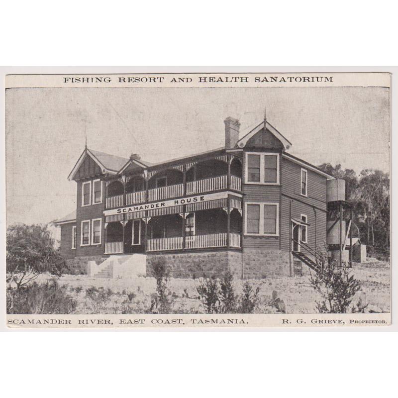 (WW1562) TASMANIA  · c.1910: unused advertising card of the SCAMANDER HOUSE HOTEL captioned "FISHING RESORT AND HEALTH SANATORIUM" · fine condition