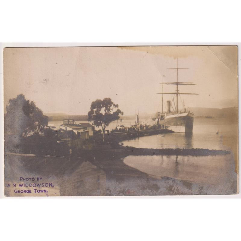 (WW1571) TASMANIA · 1905: real photo card with view of the wharf and shipping at BEAUTY POINT · photo by A.S. Widdowson, George Town · emulsion and back affected a little by photo chemicals but the card is very displayable
