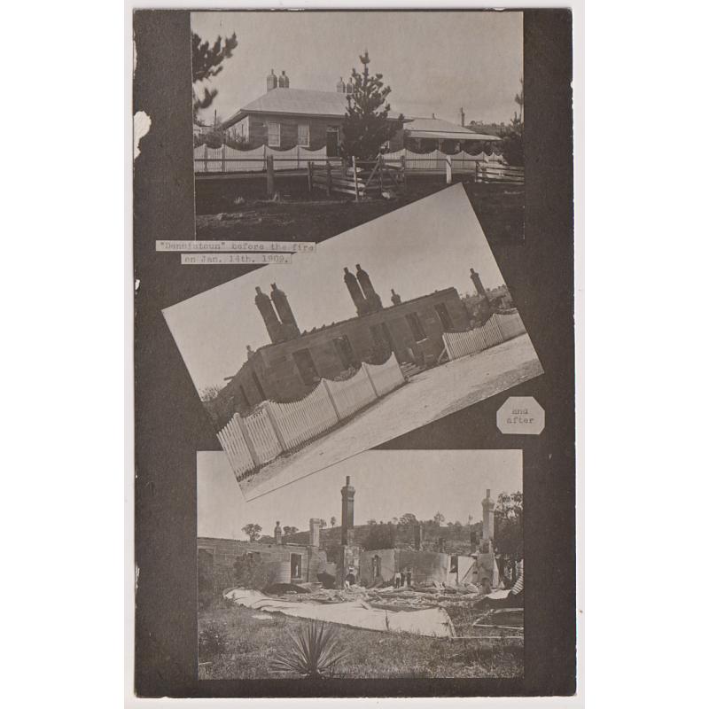 (WW1572) TASMANIA · 1909: multi view real photo card captioned "DENNISTOUN" (Bothwell) BEFORE THE FIRE ON JAN.14th 1909   .... AND AFTER · some minor faults but overall condition is excellent