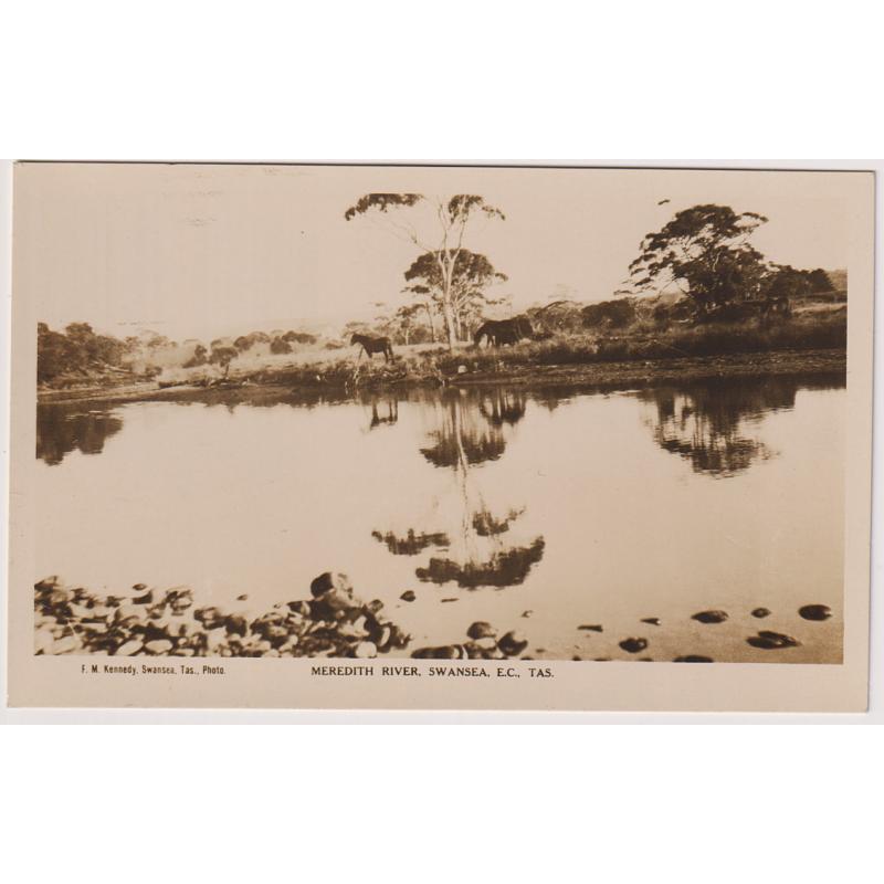 (WW1578) TASMANIA · 1920s: unused real photo card by Rose w/view of MEREDITH RIVER SWANSEA with photo by local photographer F.M. Kennedy · VF condition