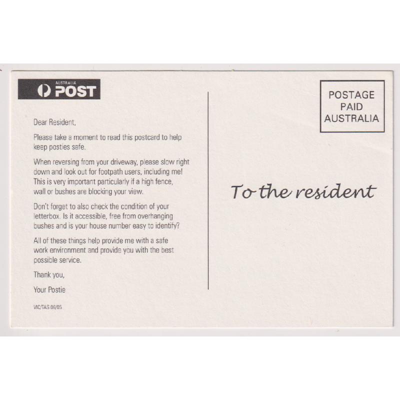 (WW1585) AUSTRALIA · 2005: Australia Post humorous postcard "8 TIPS TO KEEP YOUR POSTIE SAFE" (VIC/TAS 06/05) in fine condition · the last time we offered one of these scarce cards it sold for $20+ (2 images)