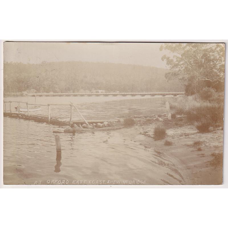(WW1587) TASMANIA · 1912: postally used real photo card w/view AT ORFORD, EAST COAST 'SHEWING BRIDGE' · excellent condition · surprisingly scarce view for era