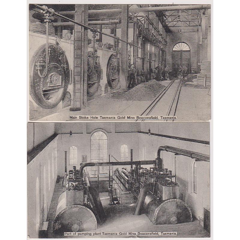 (WW1603) TASMANIA · c.1910: two cards by Spurling & Son (Nos. 185/186) with interior views the Main Stoke Hole and Pumping Plant of the TASMANIA GOLD MINE at BEACONSFIELD both in excellent condition (2)
