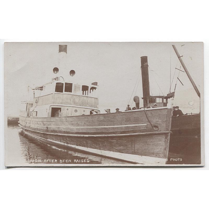 (YY1057) TASMANIA · 1914: unused real photo card with a view of the S.S. "HUON" AFTER BEEN RAISED · name of photographer not discernible · excellent to fine condition