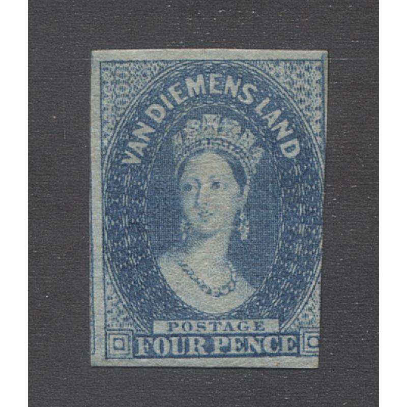 (YY1103) TASMANIA · 1857/67: mint imperf 4d blue QV Chalon (Numeral Wmk) SG37 with 3 large margins · excellent colour and gum condition · c.v. £475 (2 images)