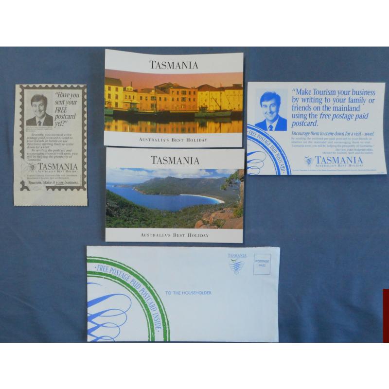 (WW1144L) TASMANIA · 1990s: 2x unused POSTAGE PAID IF POSTED IN TASMANIA cards distributed by the Tourism Dept · also envelope as distributed (with flyer) and newspaper clipping · 5 items (2 images)
