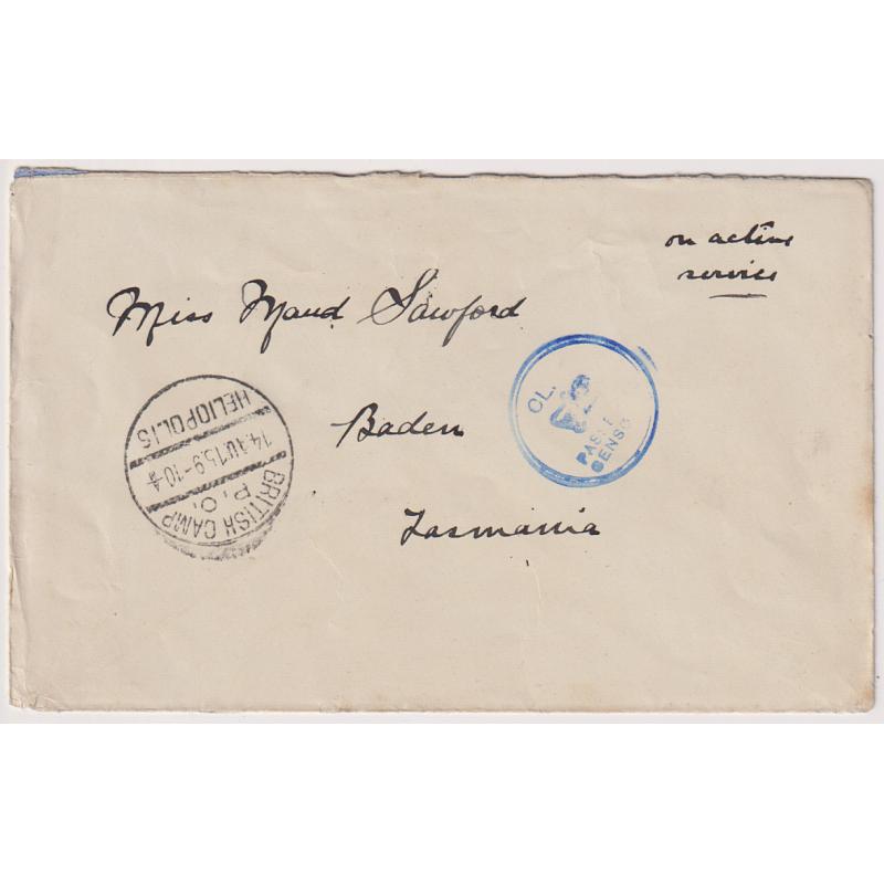 (YY1166) AUSTRALIA · EGYPT  1915: small envelope endorsed "On active Service" mailed to Baden TAS from BRITISH CAMP P.O. HELIOPOLIS  · Hobart civil censor h/s applied in transit · fine condition · no b/stamps