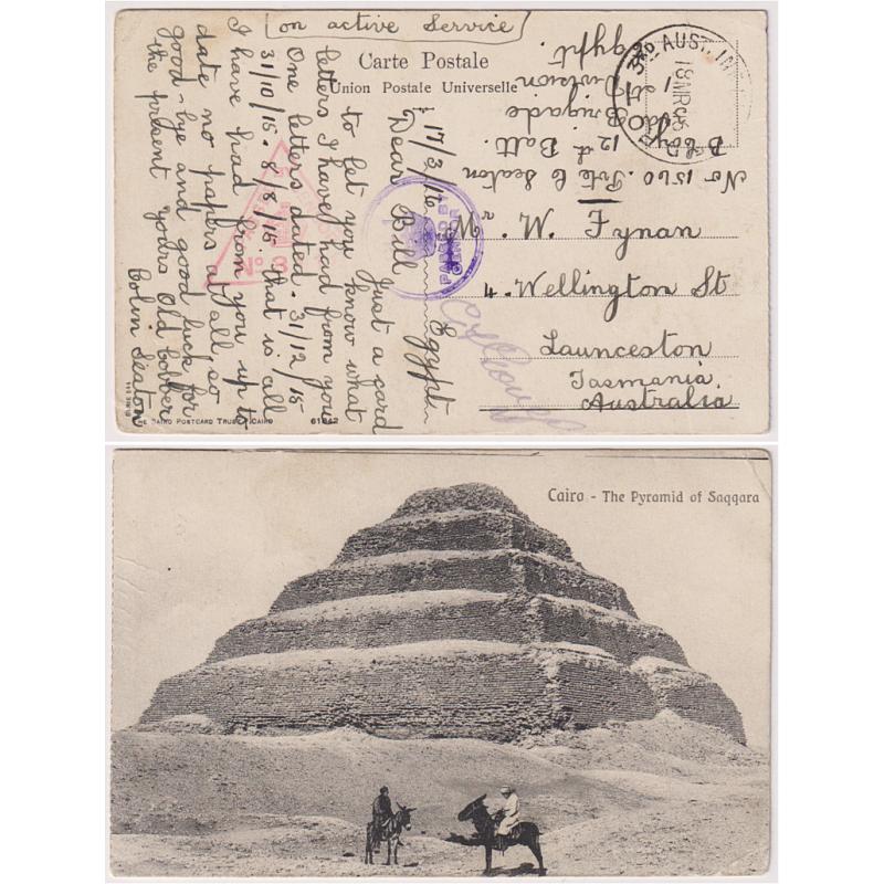 (YY1166) AUSTRALIA · EGYPT  1916: PPC w/view of pyramid endorsed "On Active Service" mailed by a serviceman to a friend in Launceston · censored with 3rd AUST. BDE. FIELD P.O cds · Hobart civil censor h/s applied in transit · nice condition