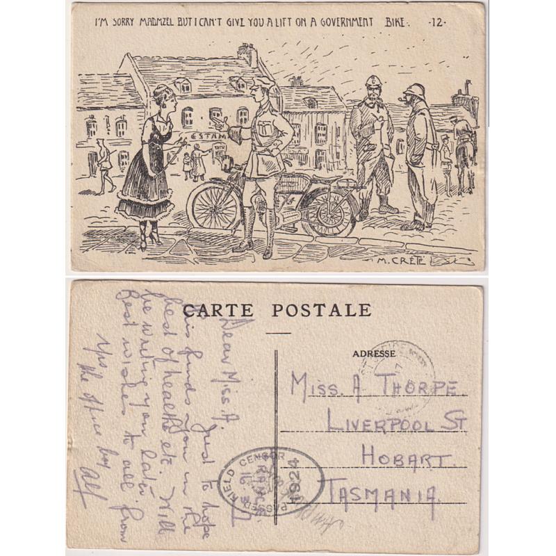 (YY1167) AUSTRALIA · FRANCE  1917: humorous PPC illustrated by M. Crete · Field Censor h/s · short message by serviceman · addressed to Tasmania · excellent condition