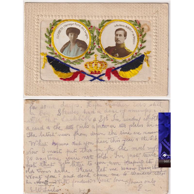 (YY1169) AUSTRALIA · FRANCE  c.1917: embroidered silk postcard with a patriotic design featuring the King & Queen of the Belgiumd · part of a letter home from an Australian soldier · small stain o/wise in excellent condition