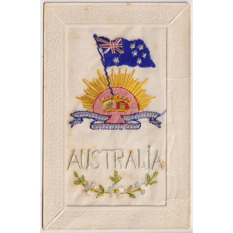 (YY1210) AUSTRALIA · FRANCE  1916: used embroidered "PCP" silk postcard with a patriotic design · mailed home by a soldier on leave in G.B. · any imperfections are quite minor ...please view largest image