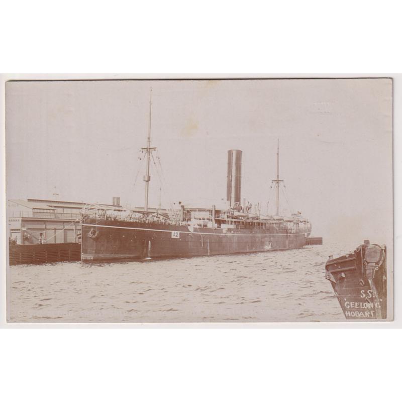 (YY1214) TASMANIA · 1914: real photo card w/view of troopship S.S. GEELONG docked at Hobart ready for embarkation of Tasmanian troops for Egypt · message on verso but not postally used · fine condition