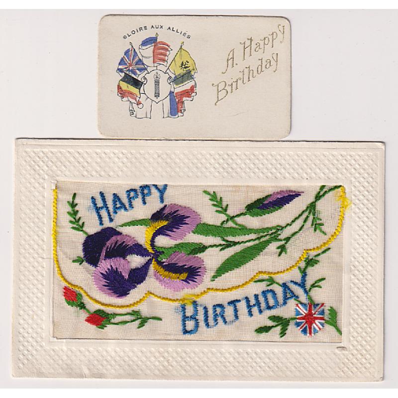 (YY1500) FRANCE · 1918: 'silk' HAPPY BIRTHDAY postcard mailed to Tasmania · includes small card which was inserted in a pocket in the embroidered front · fine condition