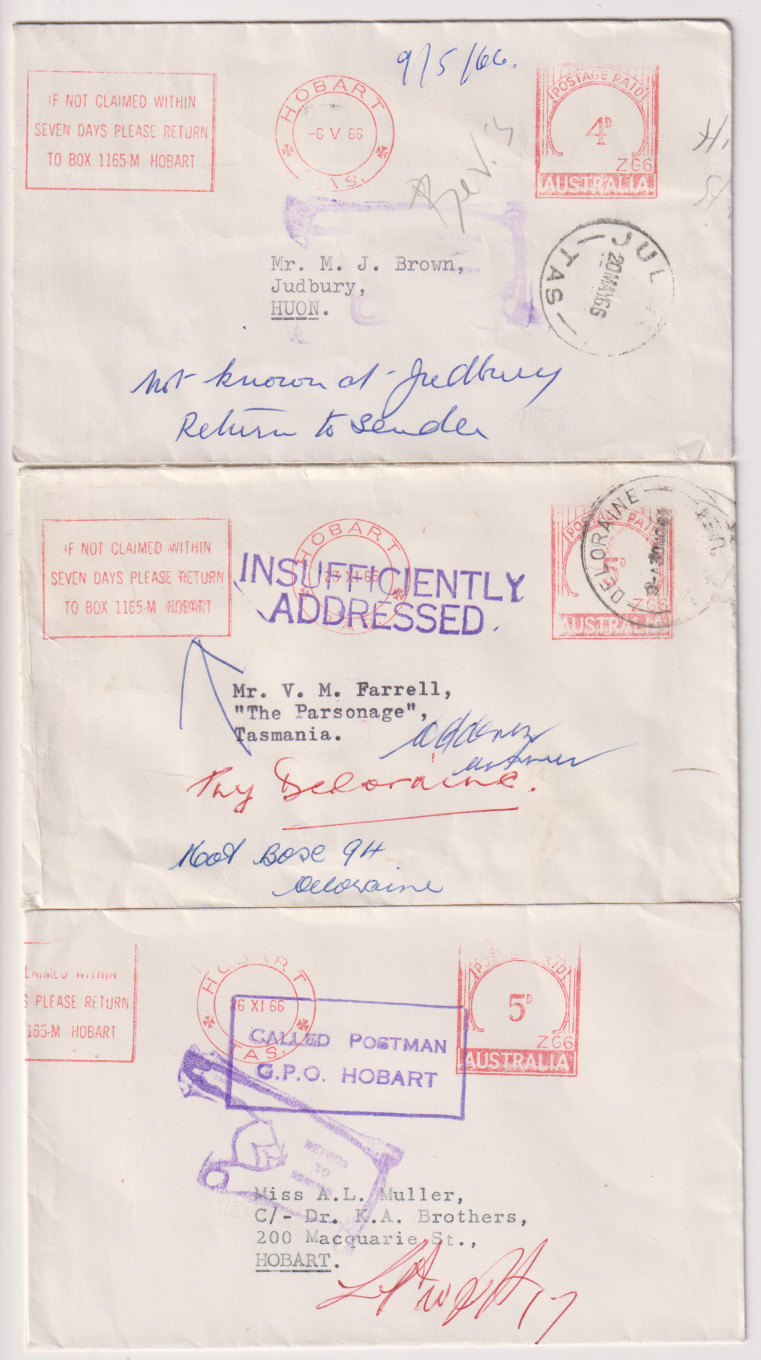 (QQ1095) TASMANIA · 1965/66: three commercial covers all returned-to ...